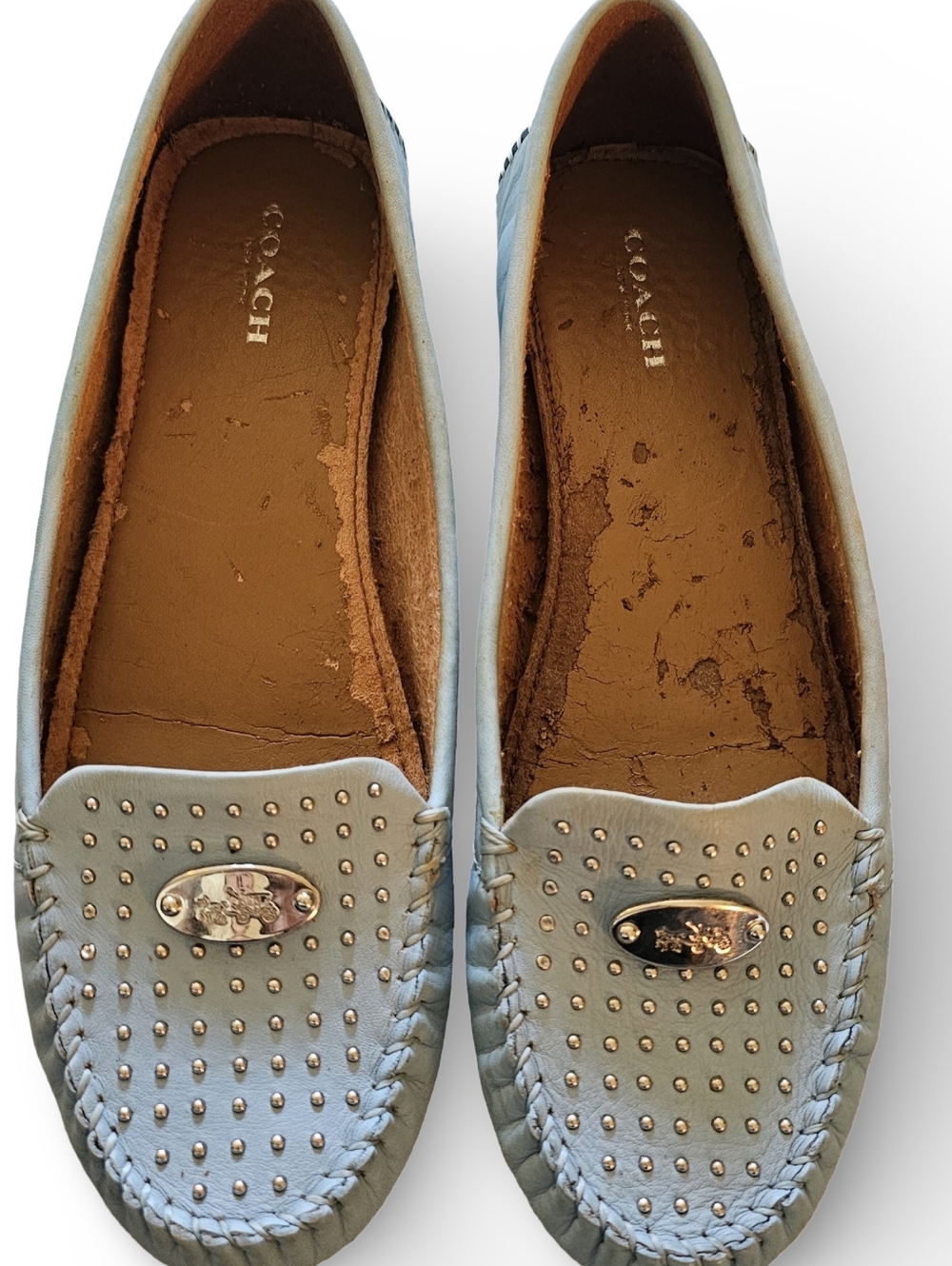 Coach Women’s Pale Blue Studded Leather Loafers